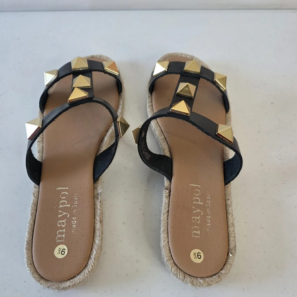 Maypol Raffia Trim Studded Leather Sandal Size 9.5 EU 41 Open Toe Slip-on Summer - Picture 13 of 13
